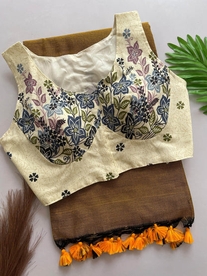 Heavy Cotton Khadi Saree With Cotton Print Blouse - Rpd Fashion
