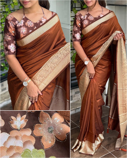 Green saree with floral patterns and gold border Rpd Fashion