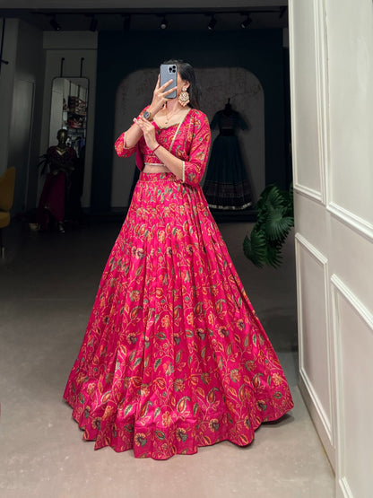 Women's Pink Tussar Silk Floral Print With Gota Patti Work Partywear Lehenga Rpd Fashion