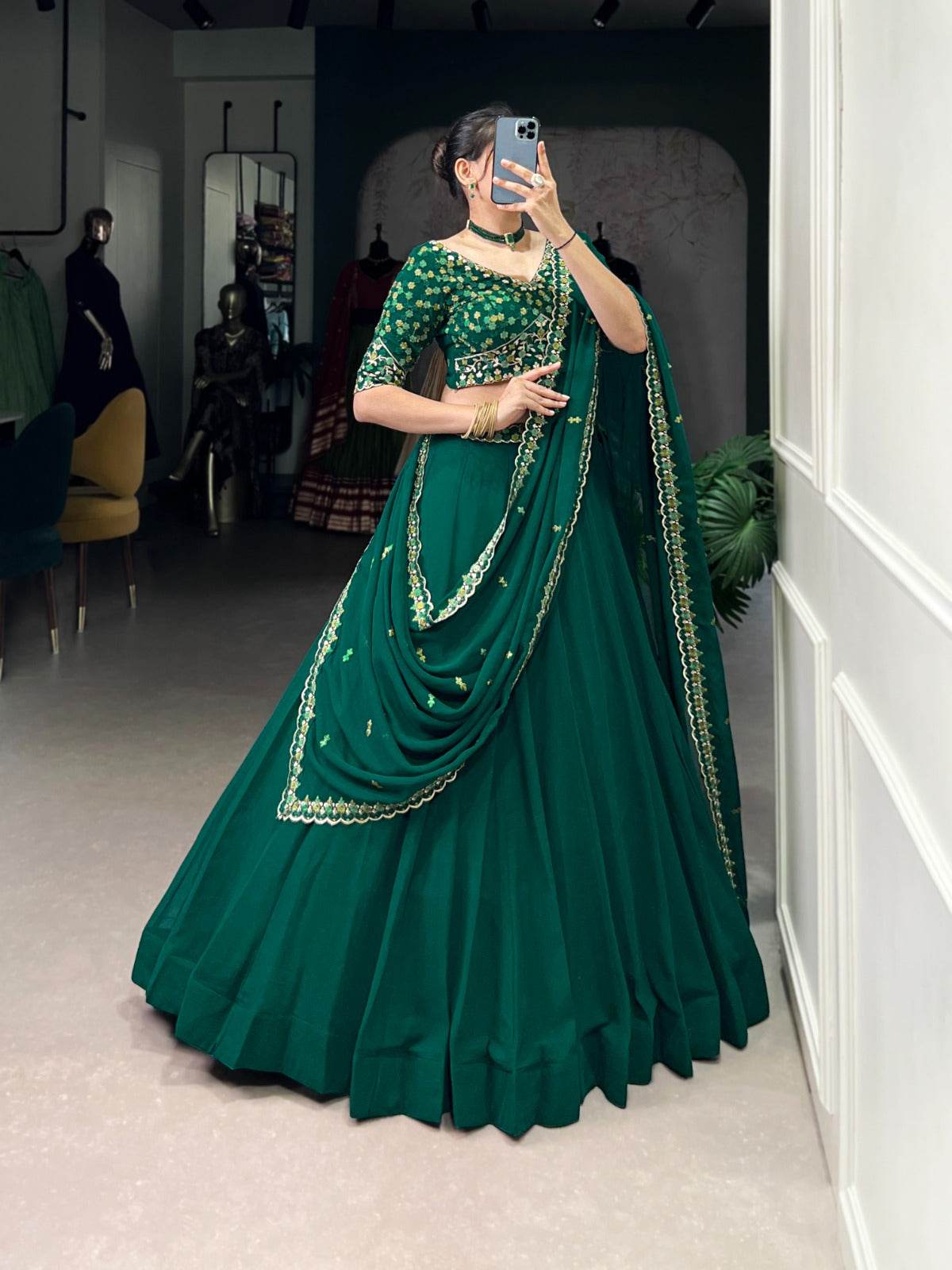 green plain georgette a line lehenga choli - rpd fashion
