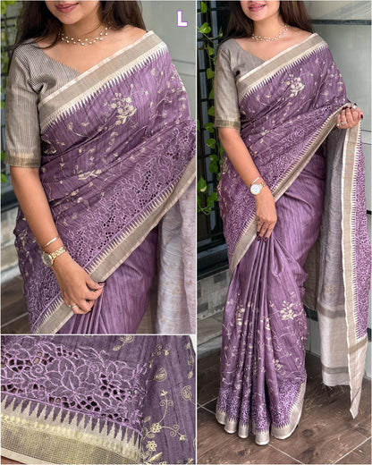 Stunning Tussar Cotton Saree with Embroidery & Zari Border - Rpd Fashion
