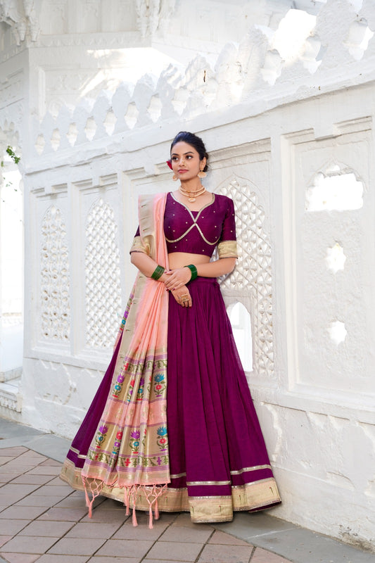 Wine Pure Vichitra Silk with Weaving Zari Work Lehenga Choli