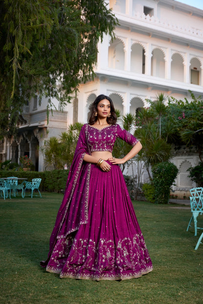Beautiful Designer Wine Vichitra Silk Lehenga Choli