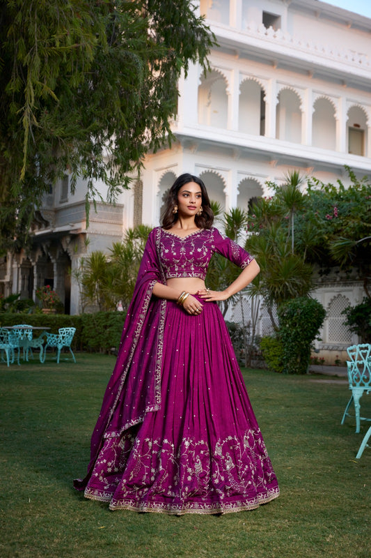 Beautiful Designer Wine Vichitra Silk Lehenga Choli