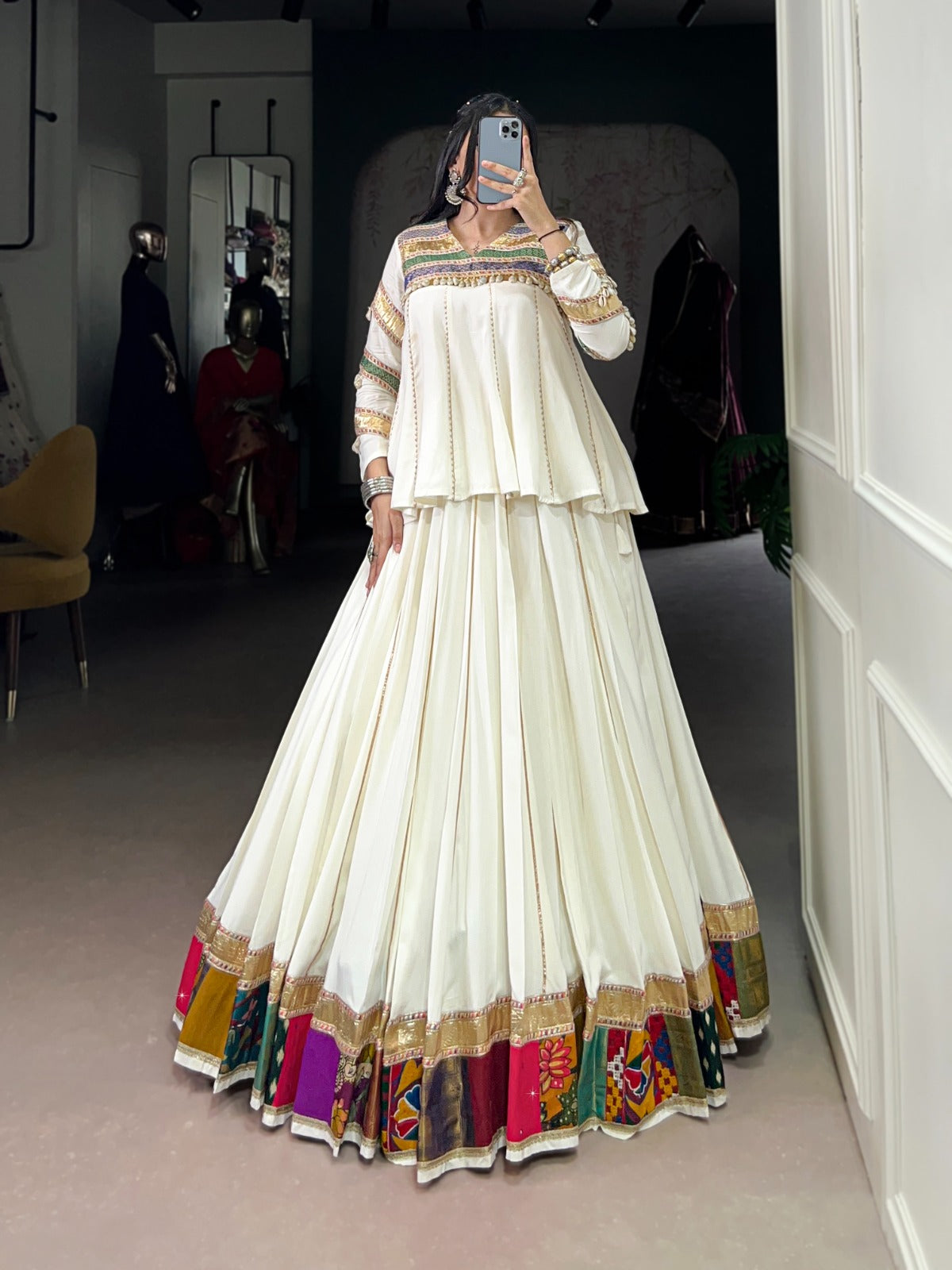 WHITE ETHNIC WEAR LEHENGA CHOLI FOR NAVRATRI FESTIVE LOOK Rpd Fashion
