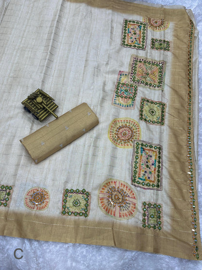 Batik Printed Hand Mirror Work Pure Tusser Cotton Saree with Blouse Rpd Fashion