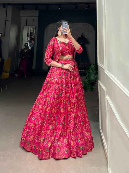 Women's Pink Tussar Silk Floral Print With Gota Patti Work Partywear Lehenga Rpd Fashion
