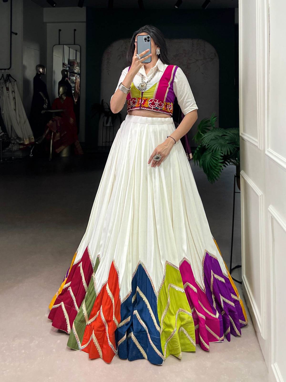 Rayon Multi Color Patch Lace Gamthi Kodi Work White Concept Navratri Special Lehenga Choli (Ready to Wear) - Rpd Fashion