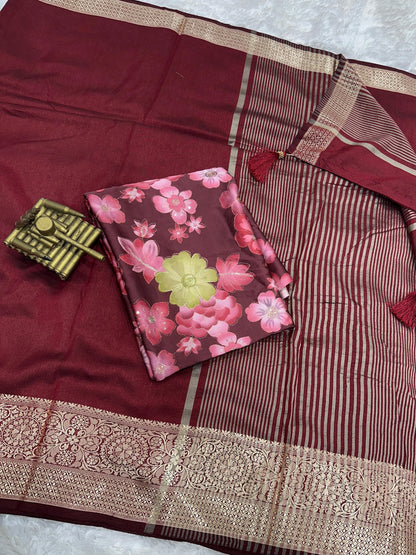 Green saree with floral patterns and gold border Rpd Fashion