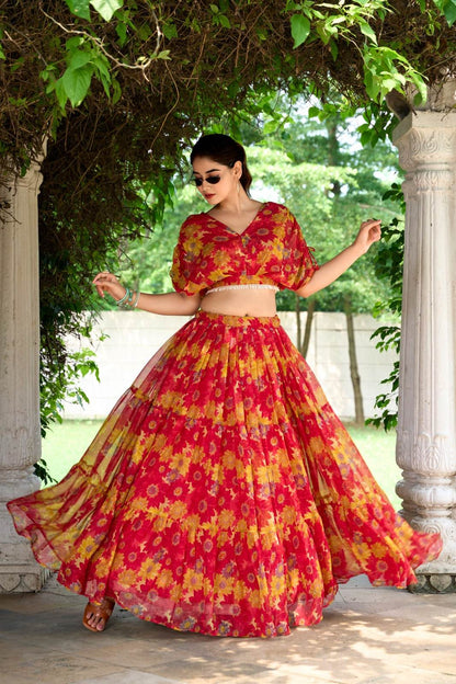 Red Blue Pure Chiffon Floral Print Lehenga Choli - Rpd Fashion